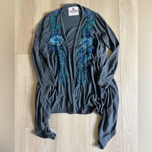 Johnny Was Grey Floral Embroidered Cardigan Large